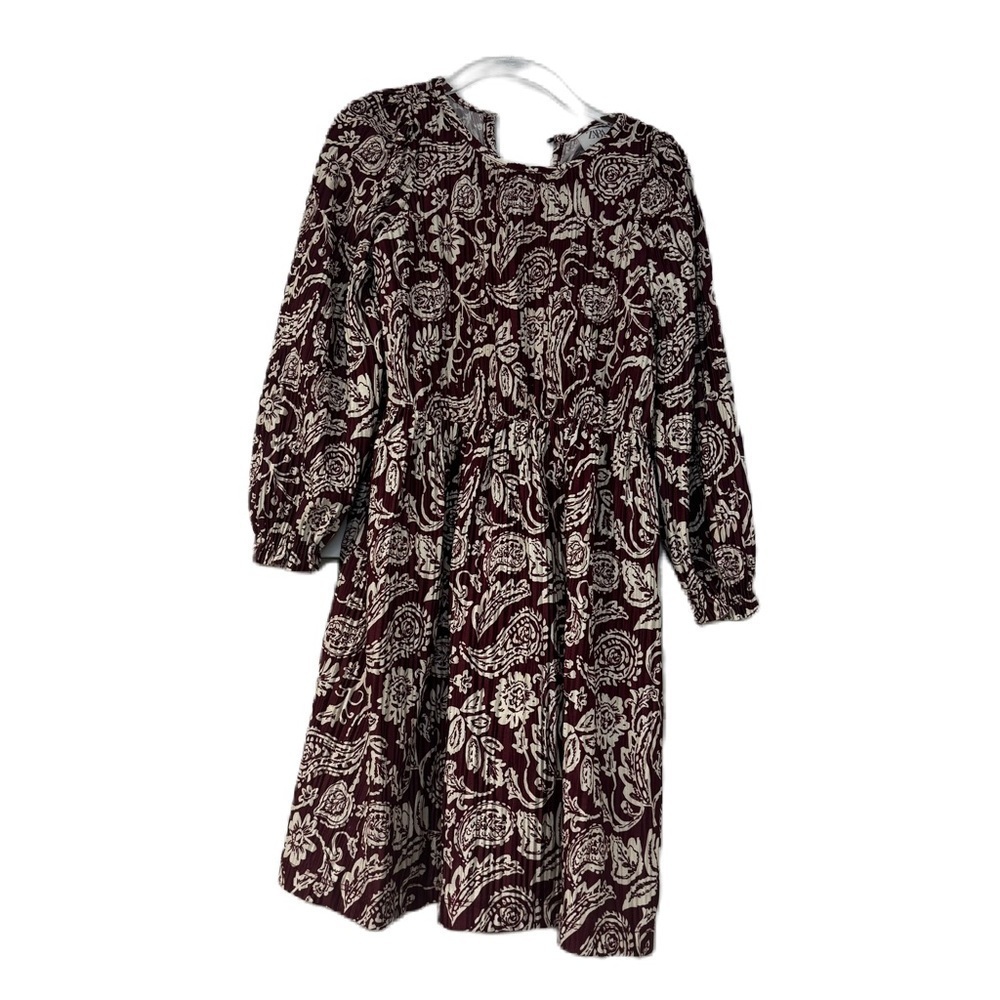 Zara girls sz 6 maroon pleated paisley floral white dress fall spring fun casual